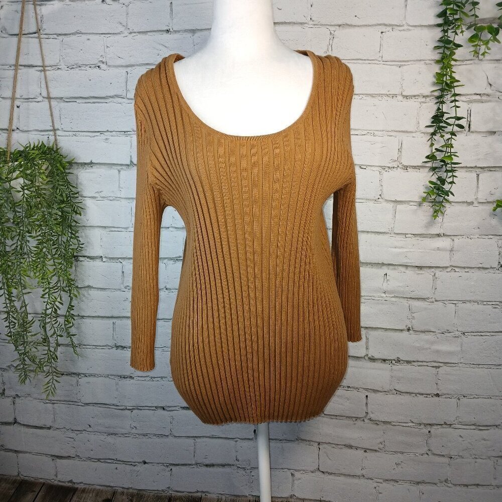 WOMENS R.Q.T. CAMEL COLORED RIBBED SWEATER, 3/4SLEEVE, SIZE XL